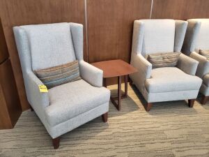(2) Upholstered Wingback Arm Chairs w/End Table (3 Pc) (Set)
